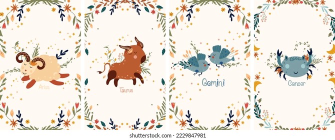 Zodiac Cancer, Gemini, Aries, Taurus with leaves, colorful flowers and stars around. Astrological zodiac Signs perfect for posters, logo, cards. Vector illustration.