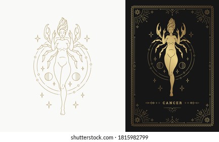 Zodiac cancer girl horoscope sign line art silhouette design vector illustration. Golden symbol with frame for feminine astrology card template or poster.