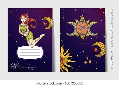 Zodiac Cancer girl notebook vector template. Book layout for a3, a4, a5 paper size. School education art. Astrology woman,  horoscope symbol. Cover page design.