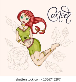 Zodiac Cancer Girl Vector Sign. Cartoon horoscope astrology illustration. Horoscope drawing.