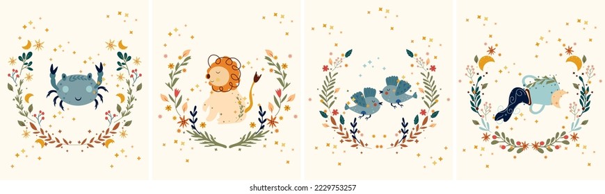 Zodiac Cancer, Leo, Gemini, Aquarius, mit Blättern, bunten Blumen und Sternen rund. Set Astrologische Tierkreiszeichen perfekt für Poster, Logo, Karten. Vektorgrafik