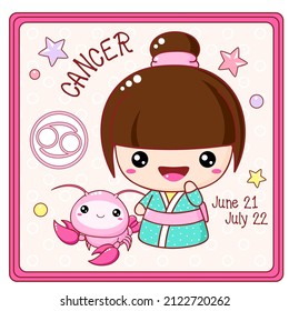 Zodiac Cancer sign character in kawaii style. Cute chibi little girl in kimono. Square card with Zodiac symbol, date of birth and cartoon baby girl. Vector illustration EPS8