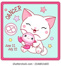 Zodiac Cancer Zeichen im kawaii Stil. Viereckige Karte mit süßer weißer Kätzchen und Zodiac Symbol, Geburtsdatum. Cartoon baby cat und Zodiacal card. Vektorgrafik EPS8