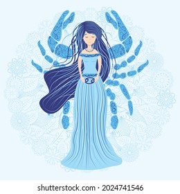 Zodiac, Cancer zodiac sign illustration as a beautiful girl with braids. Vintage zodiac boho style fashion illustration in pastel colors. Against the background of a flower mandala