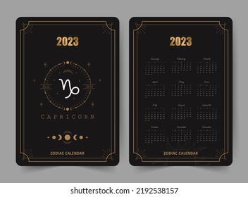 Zodiac capricorn calendar 2023. Pocket size. Front and back sides. Week starts on sunday. Astrological vector template ready to print. Vertical layout in English with horoscope sign.