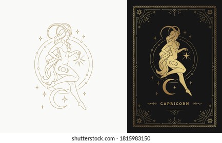 Zodiac capricorn girl character horoscope sign line art silhouette design vector illustration. Golden symbol with frame for feminine astrology card template or poster.