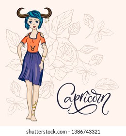 Zodiac Capricorn Girl Vector Sign. Cartoon horoscope astrology illustration. Horoscope drawing.