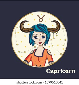 Zodiac Capricorn Girl Vector Sign. Cartoon astrology round badge illustration. Horoscope drawing.