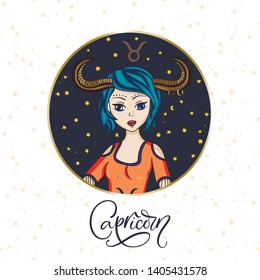 Zodiac Capricorn Girl Vector Sign. Cartoon astrology round badge illustration. Horoscope drawing.