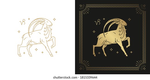 Zodiac capricorn horoscope sign line art silhouette design vector illustration. Creative decorative elegant linear astrology zodiac capricorn emblem template for logo or poster decoration.