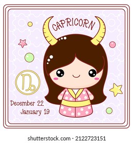 Zodiac Capricorn sign character in kawaii style. Cute chibi little girl in kimono. Square card with Zodiac symbol, date of birth and cartoon baby girl. Vector illustration EPS8