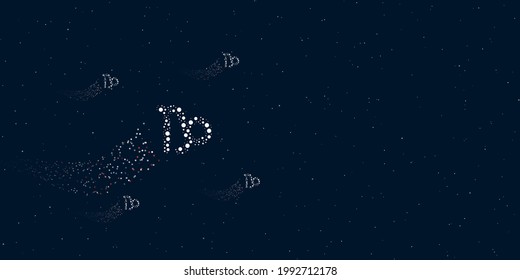 A zodiac capricorn symbol filled with dots flies through the stars leaving a trail behind. There are four small symbols around. Vector illustration on dark blue background with stars
