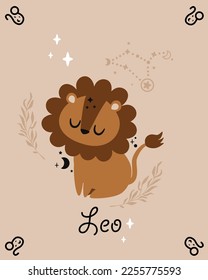 tarjeta zodiac con leo - ilustración vectorial, eps