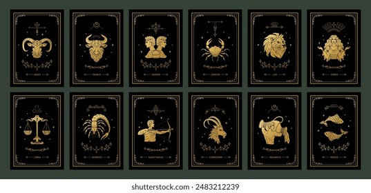 Zodiac cards. Astrological calendar. Gold signs of Aries, Sagittarius and Libra. Magic frames with Taurus and Leo. Fortune prediction. Star constellations. Vector horoscope symbols set