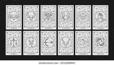 Zodiac cards. Astrology horoscope signs. Decorative magic spiritual calendar with predictions for media content. Fortune-telling. Mystic zodiac symbols frames. Vector concept.