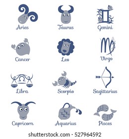 Zodiac cartoon character set. Zodiac vector symbol set.
