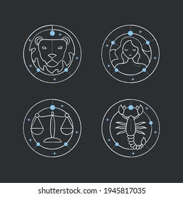 Zodiac chalk icons set. Fourth fire signs in zodiac. Birth symbols. Leo, virgo, scorpio, libra. Mystic horoscope signs. Astrological science.Isolated vector illustrations on chalkboard