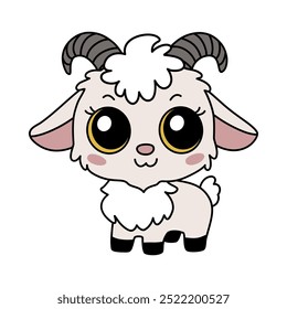 Zodiaco Animal de cabra chino del icono del signo del Año Nuevo. Asiático kawaii lindo estilo aislado ilustración de la mascota de la niñera. Adorable marfil yeanling con ojos grandes y permanecer sonriente en el fondo blanco.