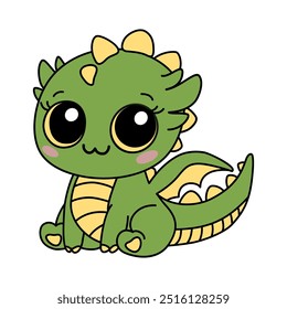 Zodiaco Animal de dragón verde chino del icono del signo del Año Nuevo. Asiático kawaii lindo estilo aislado ilustración de mascota. Adorable bebé reptil con grandes ojos sentados y sonriendo en el fondo blanco.