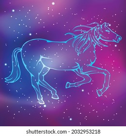 Zodiac. Chinese horoscope. Outline horse image. Starry sky. Vector illustration.