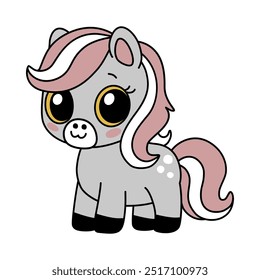 Zodiaco Animal de caballo chino del icono del signo del año Nuevo. Asiático kawaii lindo estilo aislado ilustración de mascota pony. Adorable potro gris con grandes ojos y permanecer sonriente en el fondo blanco.