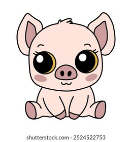 Sternzeichen Chinesisches Schwein Tier des Neujahrs Symbol. Asiatisch kawaii niedlichen Stil einzelne Illustration von Maskottchen Piggy. Bezauberndes rosafarbenes Ferkel mit großen Augen, die auf weißem Hintergrund sitzen und lächeln.