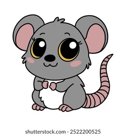 Zodiaco Animal de rata chino del icono del signo del Año Nuevo. Asiático kawaii lindo estilo aislado ilustración de hámster mascota. Adorable ratón gris con ojos grandes y sonriente en el fondo blanco.