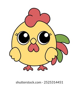 Zodiaco Animal de gallo chino del símbolo del Año Nuevo. Asiático kawaii lindo estilo aislado ilustración de mascota chica. Adorable pollo amarillo con grandes ojos y permanecer sonriente en el fondo blanco.