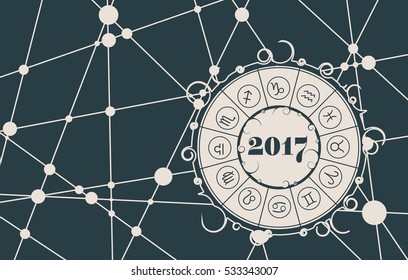 Zodiac circle with 2017 new year number.Vector illustration. Snowflakes at the intersection of the lines