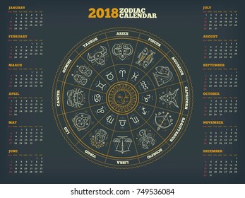 Zodiac circle 2018 year calendar poster vector illustration