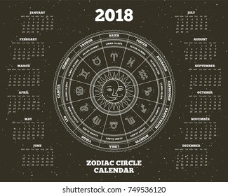 Zodiac circle 2018 year calendar poster vector illustration