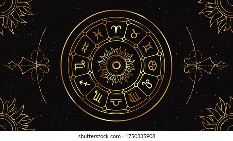 Zodiac circle with astrological signs of the horoscope on a black background with a geometric golden pattern.