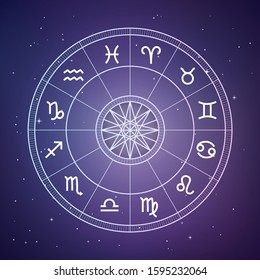 Zodiac circle. Astrology and horoscopes concept. Vector zodiac wheel with zodiac signs on a space background.