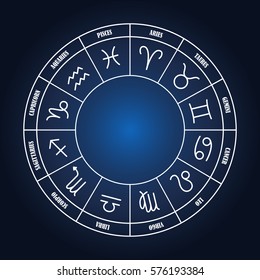 Zodiac circle with astrology sings on the dark blue background