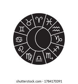 Zodiac circle with astrology symbols icon over white background, silhouette style, vector illustration