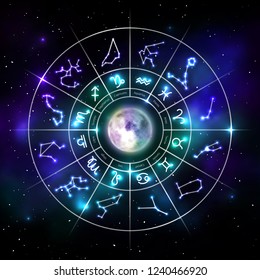 Zodiac circle with astrology symbols with realistic moon. Representation of star signs for astrology horoscope. Zodiac calendar on universe backdrop. Astrology constellation vector illustration