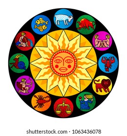 Zodiac circle with colorful signs and sun. Calendar cover design. Vector illustration