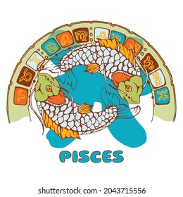 Zodiac circle. Constellation Pisces. Colorful horoscope. Vector illustration