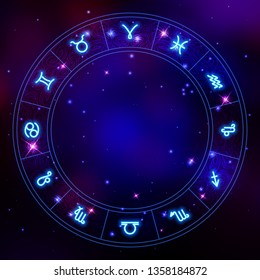 Zodiac circle frame, star constellations, horoscope symbols, vector illustration