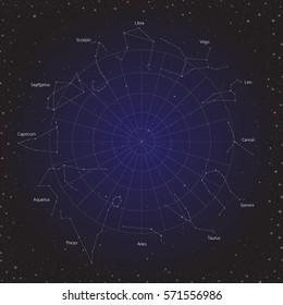 zodiac circle horoscope in cosmos background, group of zodiac star in galaxy, star constellation, vector illustration
