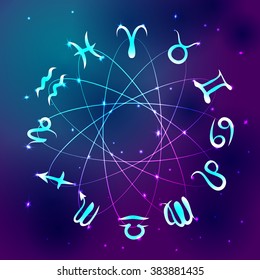 Zodiac circle with horoscope signs. Aries, Taurus, Gemini, Cancer, Leo, Virgo, Libra, Scorpio, Sagittarius, Capricorn, Aquarius, Pisces. Vector illustration