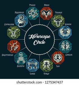 Zodiac circle with horoscope signs. Astrological symbols: Aries; Taurus; Gemini; Cancer; Leo; Virgo; Libra; Scorpio; Sagittarius; Capricorn; Aquarius and Pisces. Vector Illustration.