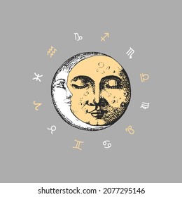 Zodiac circle of horoscope signs with Moon and Crescent, vector drawing in engraving style. Zodiac Wheel with astrological symbols, hand drawn illustration. 