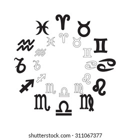 Zodiac circle with horoscope signs pisces scorpio aquarius zodiak aries virgo Vector illustration