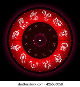 Zodiac circle with horoscope signs. Star signs. Illustrations of twelve.
