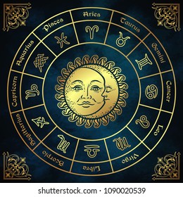 Zodiac circle with horoscope signs, sun and moon hand drawn vintage style vector illustration design