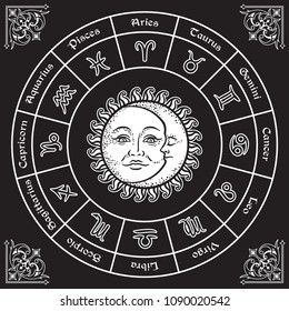 Zodiac circle with horoscope signs, sun and moon hand drawn vintage style vector illustration design