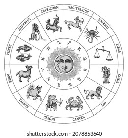 Círculo zodiaco de signos de horoscopio con Sol y Creciente, dibujo vectorial en estilo de grabado. Rueda Zodiac con símbolos astrológicos, ilustración dibujada a mano.