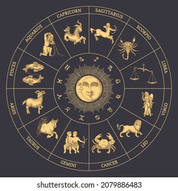 Zodiakkreis von Horoskop-Zeichen mit Sonne und Crescent, Vektorgrafik in Gravur Stil. Zodiac Wheel mit astrologischen Symbolen auf schwarzem Hintergrund, handgezeichnet.