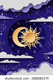 Zodiac circle with horoscope signs, the Sun, Moon and constellations, vector illustration in paper art style. Zodiac wheel. Astrology poster template.